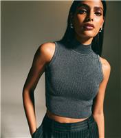 Women's Black Rib Knit Sparkly High Neck Sleeveless Vest Top New Look