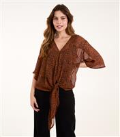 Women's Dark Brown Printed Tie Front Top Blue Vanilla New Look