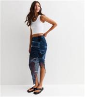 Women's Blue Mesh Patchwork Denim Print Asymmetric Midi Skirt New Look