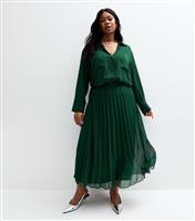 Women's Plus Size Dark Green Pleated Chiffon Midi Skirt Curves New Look