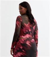 Women's Plus Size Red Abstract Print Mesh Top Curves New Look