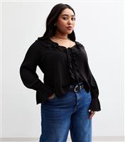 Women's Plus Size Black Ruffle Trim Blouse Curves New Look