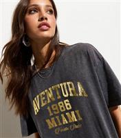 Women's Grey Aventura-Print Acid-Washed Oversized T-Shirt New Look