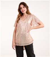 Women's Gold Sequin V-Neck Angel Sleeve Top Blue Vanilla New Look