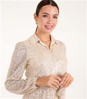Women's Cream Sequin Tie Waist Shirt Dress Blue Vanilla New Look