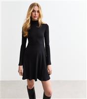 Women's Black Ribbed Roll Neck Mini Skater Dress New Look