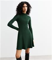 Women's Dark Green Ribbed Roll Neck Mini Skater Dress New Look