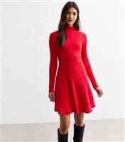 Women's Red Ribbed Roll Neck Mini Skater Dress New Look