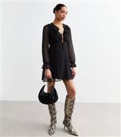 Women's Black Ruffle Chiffon Long Sleeve Mini Dress New Look
