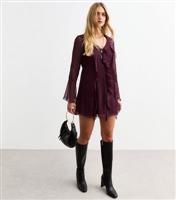 Women's Burgundy Ruffle Trim Chiffon Mini Dress New Look