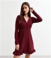 Women's Burgundy Ladder Trim Long Sleeve Mini Dress New Look