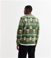 Men's Green Regular Christmas Reindeer Jumper New Look
