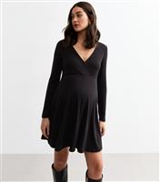 Women's Maternity Black Rib Jersey Mini Wrap Dress New Look