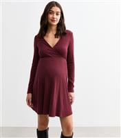 Women's Maternity Burgundy Rib Jersey Mini Wrap Dress New Look