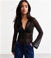 Women's Petite Black Bell Sleeve Mesh Shirt New Look