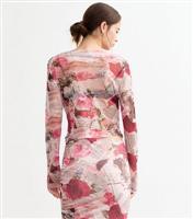 Women's Pink Newspaper Rose Print Mesh Ruched Long Sleeve Top New Look