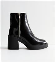 Women's Black Faux Leather Block Heel Ankle Boots Vegan New Look