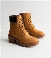 Women's Wide Fit Tan Faux Nubuck Heeled Ankle Boots Vegan New Look