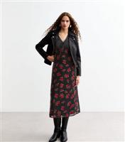 Women's Black Mixed Print V-Neck Long Sleeve Midi Dress New Look