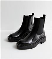 Women's Black Chain Trim Patent Chelsea Boots Vegan New Look