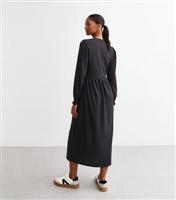 Women's Black Crinkled Long Sleeve Midi Smock Dress New Look