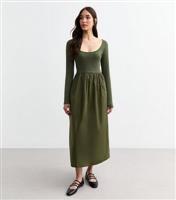 Women's Khaki Cotton Poplin Mix Long Sleeve Midi Dress New Look