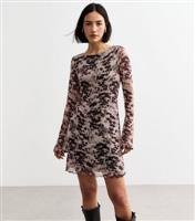 Women's Brown Blur Animal Print Mesh Long Sleeve Micro Mini Dress New Look