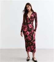 Women's Red Floral Pliss Long Sleeve Midi Dress New Look