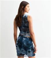 Women's Blue Floral Print Ruched Mesh Vest Top New Look