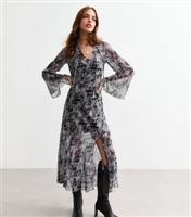Women's Grey Blur Print Slit Cuff Chiffon Midi Dress New Look