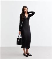 Women's Black Pliss V-Neck Long Sleeve Midi Dress New Look