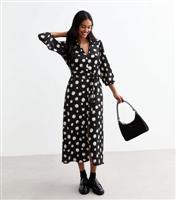 Women's Black Polka Dot Crinkle Midi Shirt Dress New Look