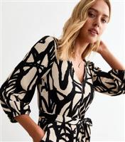 Women's Black Abstract Print Belted Midi Dress New Look