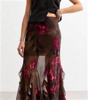 Women's Brown Rose Print Ruffle Trim Midi Skirt New Look