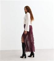 Women's Burgundy Sheer Chiffon Ruffle Trim Maxi Skirt New Look