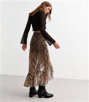 Women's Brown Chiffon Snake Print Ruffle Trim Midi Skirt New Look