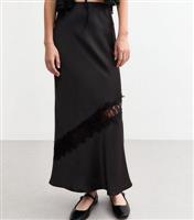 Women's Black Satin Lace Insert Midi Skirt New Look