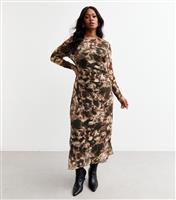 Women's Plus Size Brown Ink Print Mesh Midi Dress Curves New Look
