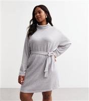 Women's Plus Size Grey Belted Roll Neck Mini Jumper Dress Curves New Look