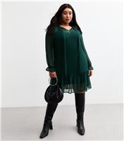 Women's Plus Size Green Pussybow Chiffon Mini Dress Curves New Look