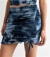 Women's Blue Floral Print Ruched Mesh Mini Skirt New Look