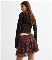 Women's Black Rose Print Bow Trim Mini Skirt New Look