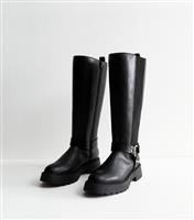 Women's Wide Fit Black Triple Strap Buckle Faux Leather Knee High Boots Vegan New Look