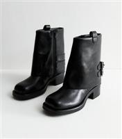Women's Black Folded Faux Leather Heeled Biker Boots Vegan New Look