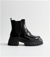 Women's Black Faux Leather Penny Strap Ankle Boots Vegan New Look
