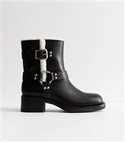 Women's Black Faux Fur Trim Leather Look Biker Boots Vegan New Look
