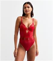 Women's Red Foil Floral Embroidery Mesh Thong Bodysuit New Look