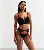 Women's Black Heart Embroidered Mesh Suspender New Look