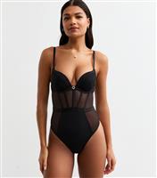 Women's Black Heart Embroidered Push Up Mesh Bodysuit New Look