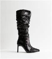 Women's Black Sequinned Stiletto Knee High Boots Vegan New Look